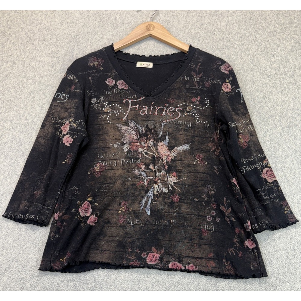 Cactus Womens Blouse Top Black Fairies Rhinestone Detail 3/4 Sleeve Graphics M